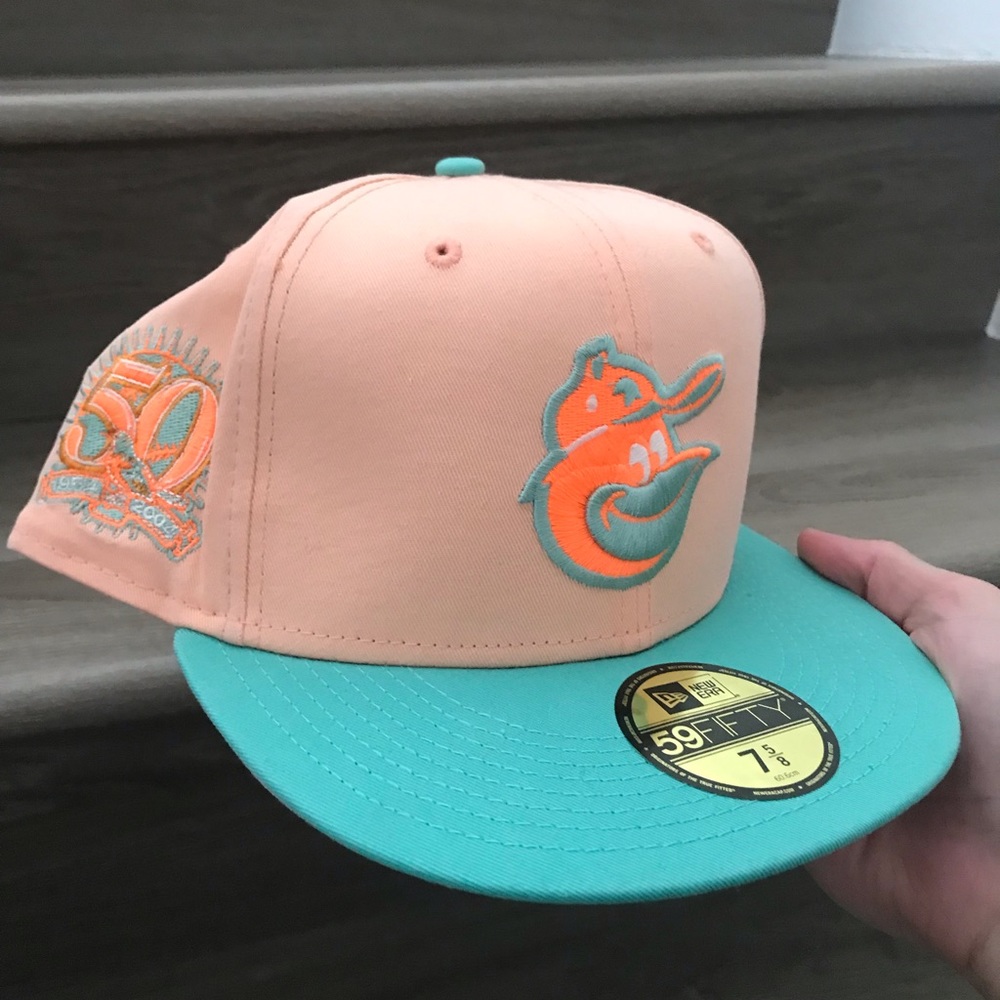 New Era Baltimore Orioles Anniversary 59FIFTY Fitted Hat Size 7 5/8 Peach Mint